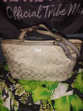 Coach Beige W/Gray Leather Trim & Silver Detailing Shoulder Bag